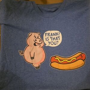Source Unknown Blue Graphic Tee with Pink Pig and Yellow Hot Dog